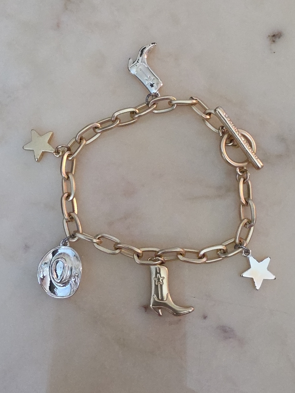 Gold-Tone Western Charm Bracelet with Cowboy Boot, Hat & Stars
